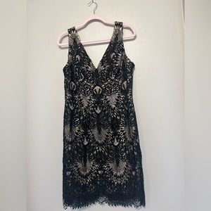 Cocktail party dress, illusion lace sheath